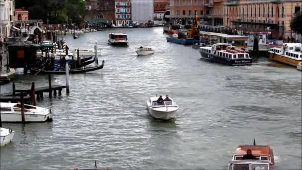 Båtar, vatten taxibilar och bussar vid Canal Grande i Venedig, Italien — Stockvideo