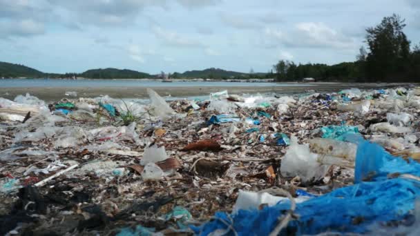 在一个热带岛屿的海滩上的污染. — 图库视频影像