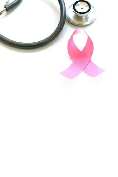 Pink Ribbon Stethoscope White Background Closeup Breast Cancer Awareness Concept — Stock Photo, Image