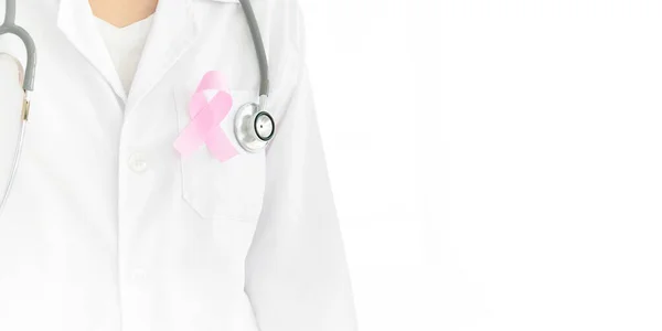 Closeup Young Caucasian Doctor Woman Pink Ribbon Breast Cancer Awareness — Stock Photo, Image