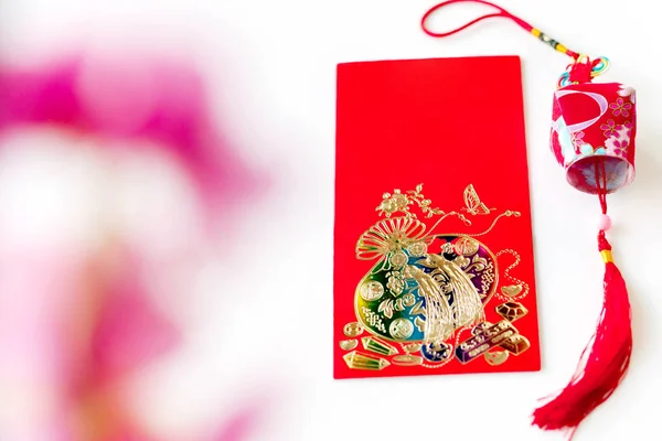 Red envelope put on white background, red envelope is gift and chinese lantern on special days such as chinese new year, New Year\'s Day,