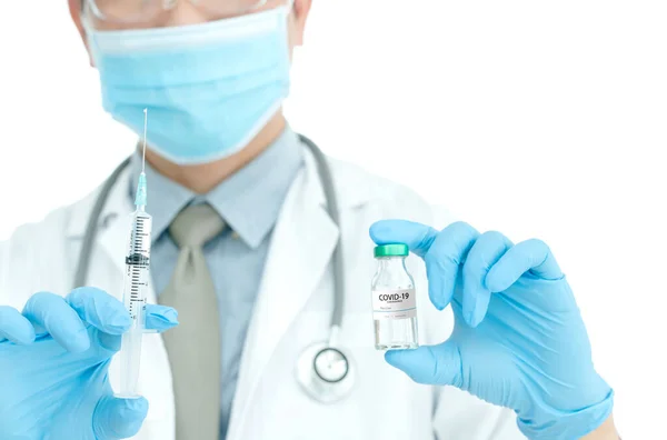 Coronavirus Covid Vaccine Doctor Holding Corona Virus Vaccine Syringe Using — Stock Photo, Image