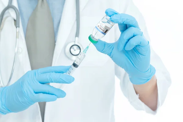 Coronavirus Covid Vaccine Doctor Holding Corona Virus Vaccine Syringe Using — Stock Photo, Image