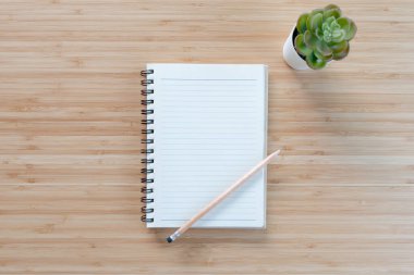 Ofis masasının en üst manzarası. Açık spiral defter, kalem ve tahta masadaki beyaz tencerede küçük bir ağaç. Düz yatıyordu