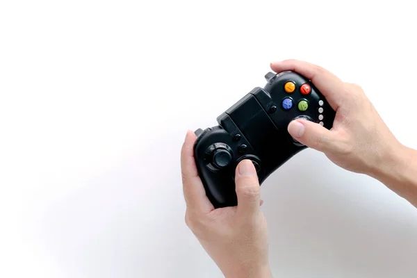 Pengontrol Konsol Joystick Permainan Hitam Pada Pengontrol Hands Game Gamer — Stok Foto