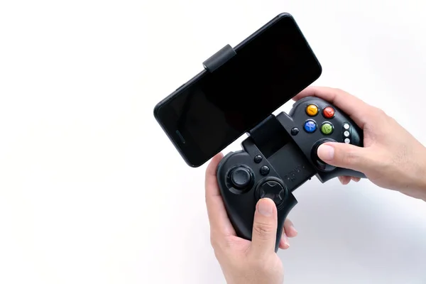 Black Gaming Joystick Smartphone Installed Holder Gamer Hands Blank Black — Stok Foto
