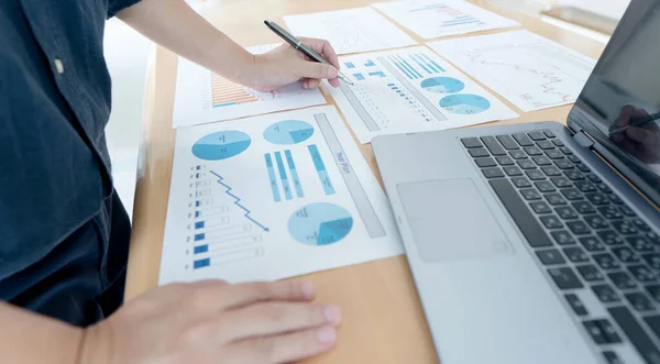 Businessman Hand Analyzing Chart Paper Investment Charts Laptop Accounting — Stock Photo, Image