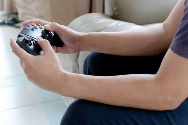 Young Man Holding Game Controller Playing Video Games Selected Focus — Stock Photo, Image