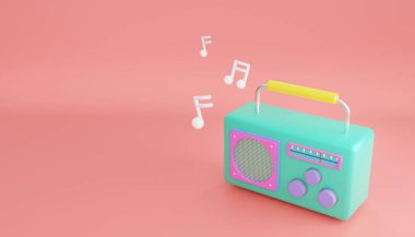 3D görüntüleme. Minimum konsept. Çizgi film yeşil renkli retro radyo pembe pastel arka planda izole. 