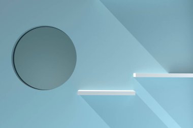 3D raflar ekran. Ürün nesnesi ve sergisi için 3D hazırlama. Boş perakende raf mavi arka planda izole edilmiş. Kitapçıdaki duvar dokusunda asgari konsept beyaz kitaplık. Boş tablo.