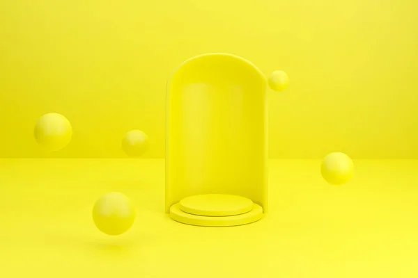 三维渲染抽象圆形平台及球 用于具有黄色背景和3D渲染几何球形状的产品展示 — 图库照片