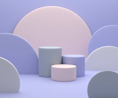 3 boyutlu görüntüleme. Podyum ve soyut arkaplanı olan en küçük sahne. Geometrik şekiller. Pastel renkler sahnesi. Kozmetik ürün için geometrik biçimlere ve desenli arka plana sahip sahne. 