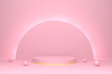 Üç boyutlu. Soyut sahne arkaplanı. Pembe arka planda silindir podyum. Ürün sunumu, modelleme, kozmetik ürünler, podyum, sahne kaidesi veya platformu. Vektör illüstrasyonu