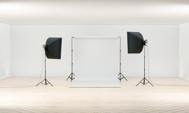 Üç boyutlu fotoğraf stüdyosu. Fotoğraf stüdyosu beyaz arka plan yumuşak kutu ışığı, kamera, tripod ve fon. 3 boyutlu görüntüleme. Beyaz arkaplanda izole