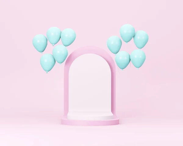 3D渲染 粉红摊位台上的展示柜与蓝色气球 彩色模板最小现代风格墙背景 显示表模拟构图 — 图库照片