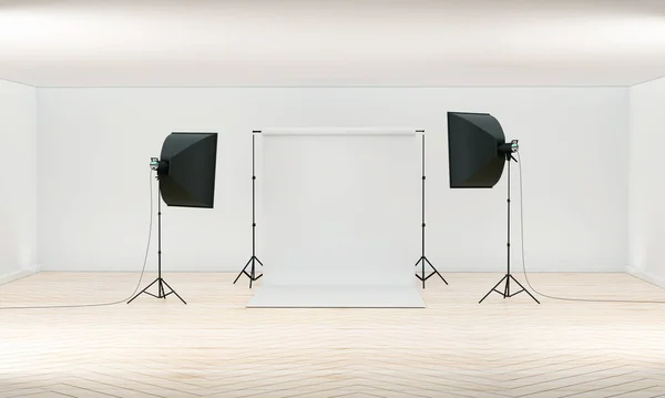 3D Photography studio. Photo studio white blank background with soft box light, camera, tripod and backdrop. 3D render. Isolated on white background