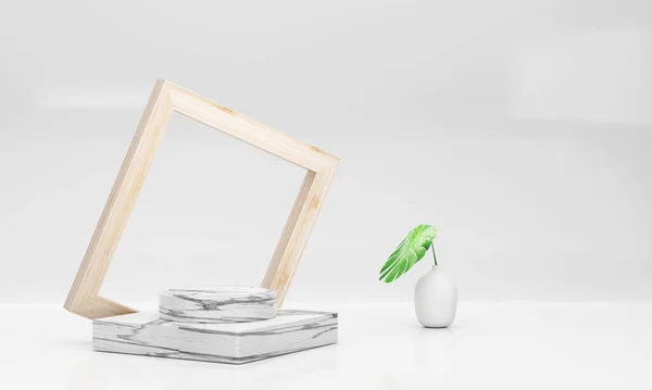 Üç boyutlu. Lüks beyaz mermer palet ve beyaz arka planda canavar yaprakları olan bir vazo ile ahşap çerçeve. sahne sahne modeli ürün, satış, bayrak, indirim, sunum, kozmetik, teklif.