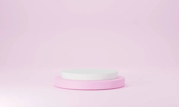 现代粉色和白色圆形讲台与粉红色的粉刷空房间背景 化妆品的舞台模拟展示 — 图库照片