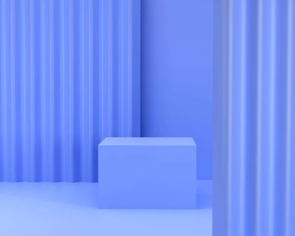 3D渲染 蓝色背景上的蓝色正方形讲台 简单的美适合作为产品的背景 舞台模拟展示产品 化妆品 — 图库照片