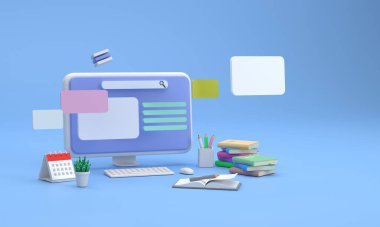 3D bilgisayar ekranı öğrenme araştırmasını kitap yığınları ve kalemlerle gösteriyor. Akademik öğrenme kavramları.