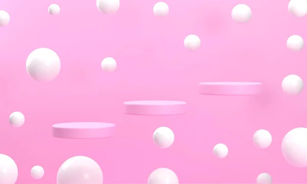 浮动圆形粉色讲台周围的白球增加兴趣 创造光泽 舞台模拟展示产品 化妆品 — 图库照片