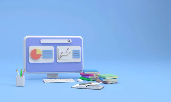 3D. Computer screen showing finance and marketing graphs with stacks of books, books, and pencils. Concept of academic learning.