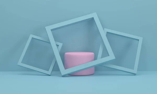 粉色圆形讲台它在一个画框里 三块靠在背景上 舞台模拟展示产品 化妆品 — 图库照片