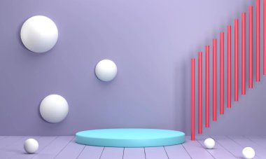 3D render. Studio with circular podium wall balls and the red pillars are a modern scene. Scene stage mockup showcase for product, sale, banner, presentation, cosmetic, offer. clipart