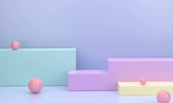 3 boyutlu görüntüleme. İş ürünlerini sergilemek için pastel renklere dayalı minimal bir stüdyo odasında kare podyum. Ürün, satış, bayrak, sunum, kozmetik için sahne sahne sahne modeli sergisi.