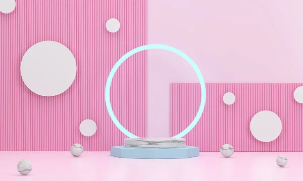 3D渲染 圆形大理石讲台 后面有一个戒指 用于放置商务物品 有一个可爱的粉色背景和大理石球在地面 化妆品 服务的舞台模拟展示 — 图库照片