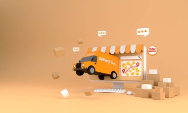 3D görüntüleme. E-ticaret konsepti, çevrimiçi alışveriş ve bilgisayar uygulaması dağıtım hizmeti, kamyonla hızlı ulaşım, 