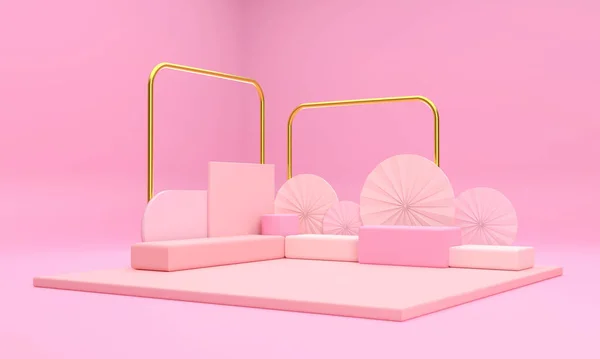 景色宜人 粉色的讲台和金色的柱子看上去非常华丽奢华 推销有价值的产品 在粉红工作室里产品 化妆品 服务的舞台模拟展示 — 图库照片
