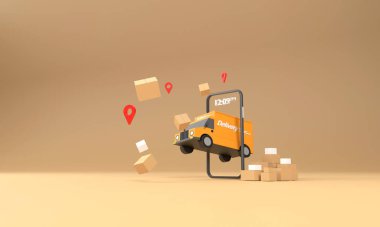 Üç boyutlu. Cep telefonundan bir teslimat kamyonu geliyor. Çevrimiçi alışveriş, teslimat, kolaylık ve ulaşım için hazır olun..