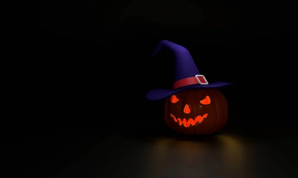 Calabaza Bruja Sombrero Fantasma Noche Halloween Sobre Fondo Negro Que — Foto de Stock