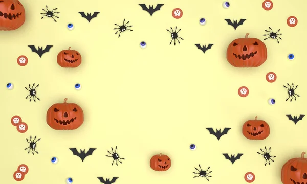 Halloween Festival Background Yellow Background Ghost Pumpkin Bats Eyeballs Spiders — Stock Photo, Image