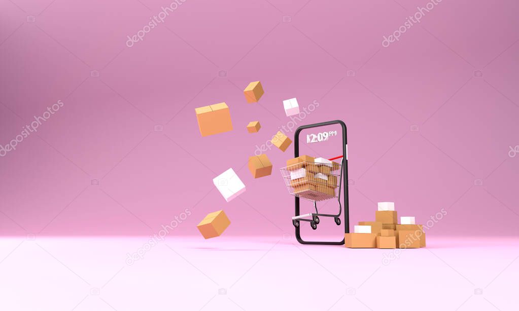 3D. online shopping a shopping cart in a supermarket full of parcel boxes. out of the mobile screen on a pink background. derlivery concept