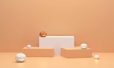 Üç boyutlu. Cadılar Bayramı 'nda ürünleri sergilemek için Cadılar Bayramı balkabaklı kare podyum