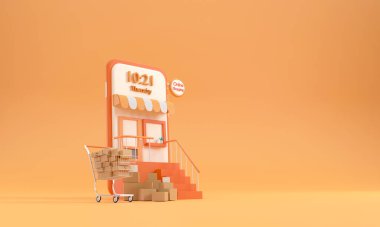 Üç boyutlu. Süpermarkette el arabası ve paket kutusu olan bir cep telefonuyla online alışveriş kavramı