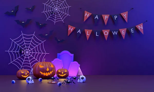 Ben Boldog Halloween Fesztivál Díszített Halloween Tök Pókháló Pókok Szemgolyó — Stock Fotó