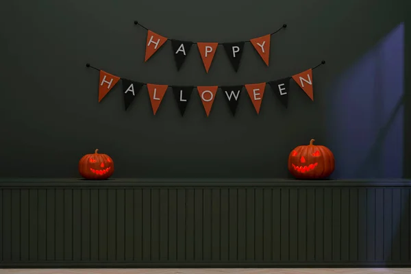 Ben Szoba Falait Zászlók Díszítik Halloween Sütőtök Halloween Party Alkonyatkor — Stock Fotó