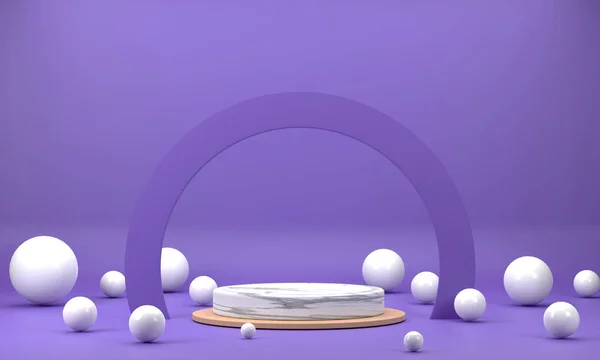 3D. A marble circular podium, a semicircular ring enclosed in a purple scene, with a white balls.