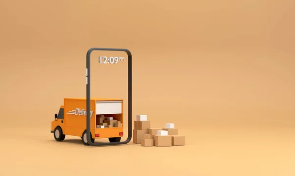 3D. Selling online with mobile phones that is ready to deliver delivery truck The car was full of parcels.