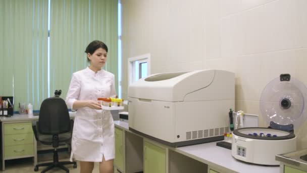 Infirmière mettant des tubes sanguins dans la machine centrifuge — Video