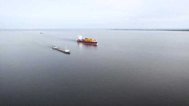 Вид с воздуха на контейнерное судно в море — стоковое видео