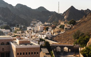 View of historic district of Muscat with white houses, gate and rugged mountains