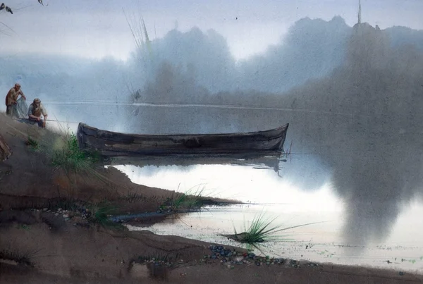 ボートと川水彩の朝風景 — ストック写真