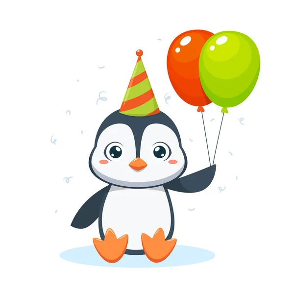 Lindo Pingüino Sostiene Dos Globos Ilustración Vectorial Aislada — Vector de stock