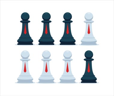 Siyah piyonların arasındaki beyaz piyon. İzole Vektör İllüstrasyonu