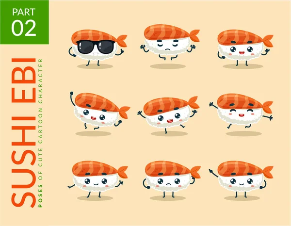 Imágenes Dibujos Animados Ebi Sushi Segundo Set Ilustración Vectorial — Vector de stock