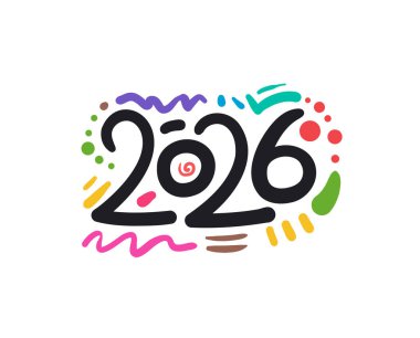 2026 Doodle stili yeni yıl tipografisi. Renkli ve Neşeli.